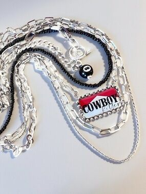 Layered 5 necklace black, red, and silver necklace set with matching earrings